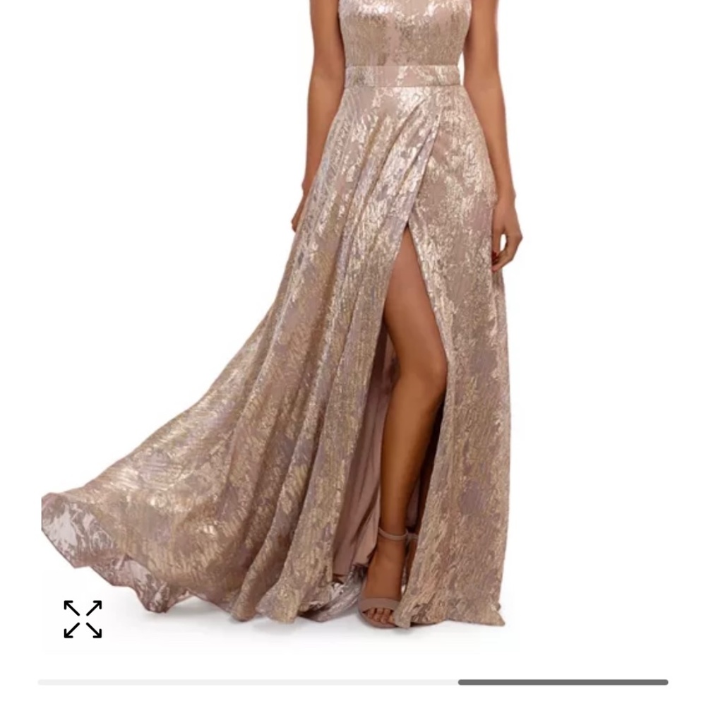 Aqua foil knit halter gown